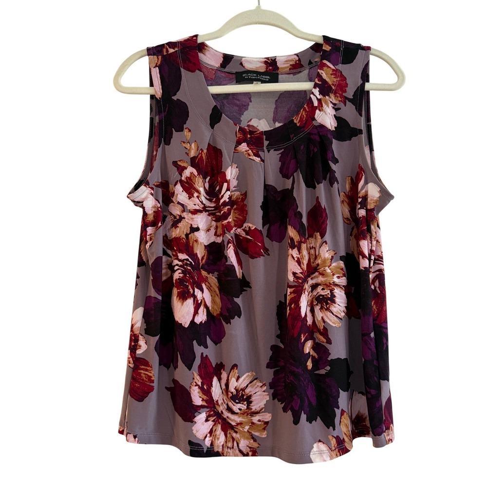 Black Label Womens Purple Floral Pleated Scoop Neck Sleeveless Top‎ MED